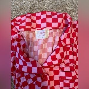 In my sundays pajamas red and pink checkered, long sleeve shirt and pants